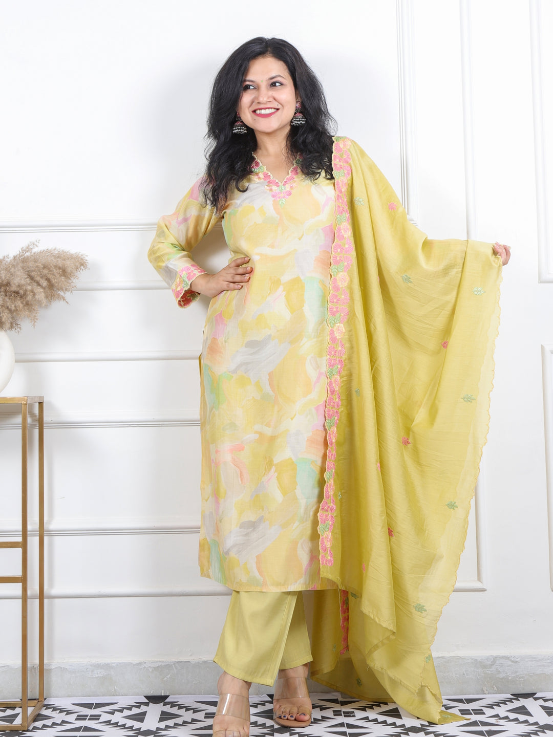 Kashish Butter Yellow V Neck Floral Thread Cut Work Muslin 3 Piece Set