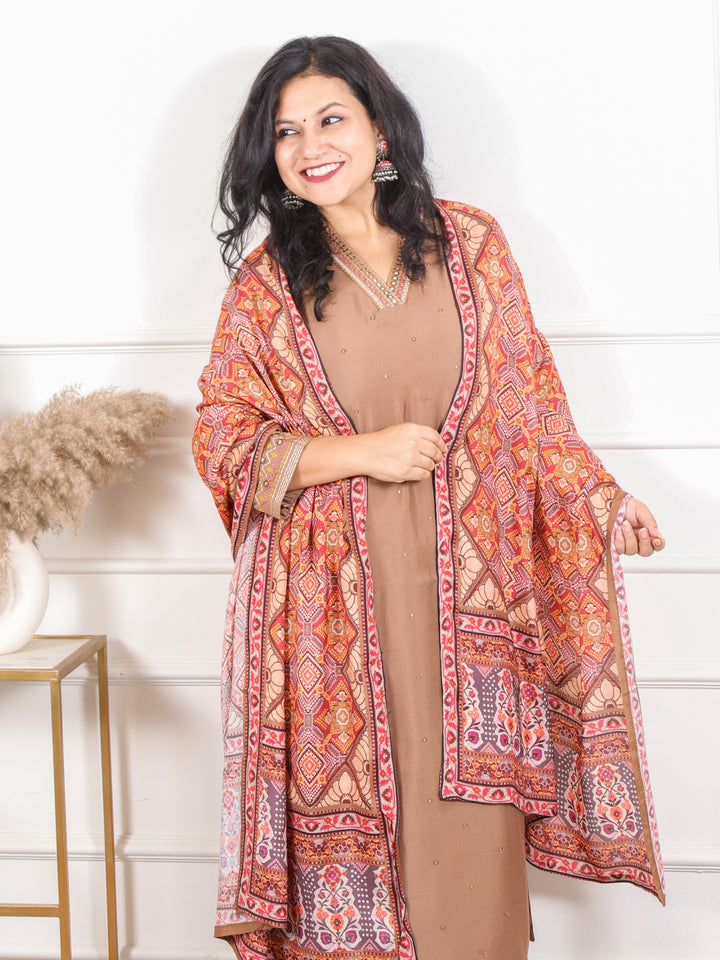 Kashish Soft Brown V Neck Thread with Patra Work Modal 3 Piece Set