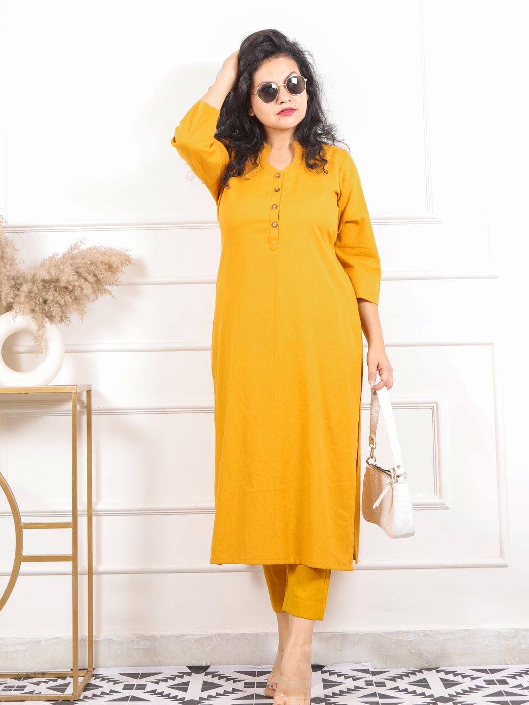 Ibaab Yellow Chinese Collar with Button Work Cotton Flex Co-ord Set