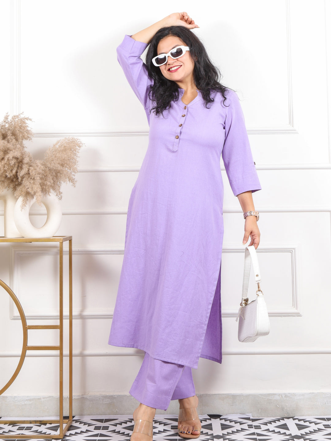 Ibaab Soft Lilac Collar with Button Work Cotton Flex Co-ord Set