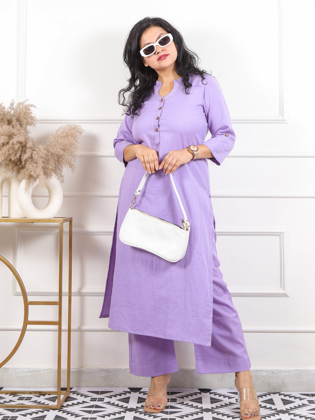 Ibaab Soft Lilac Collar with Button Work Cotton Flex Co-ord Set