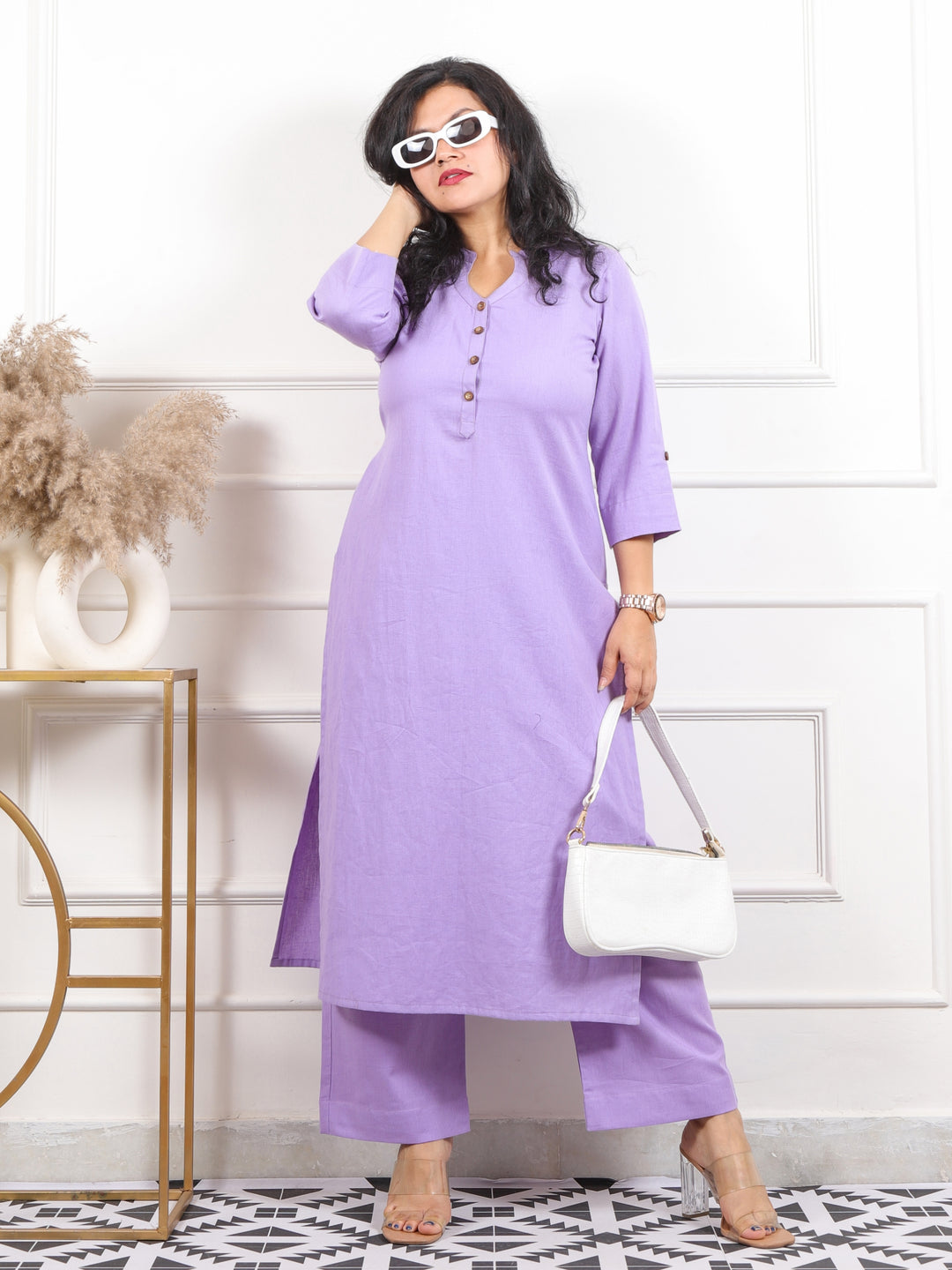 Ibaab Soft Lilac Collar with Button Work Cotton Flex Co-ord Set