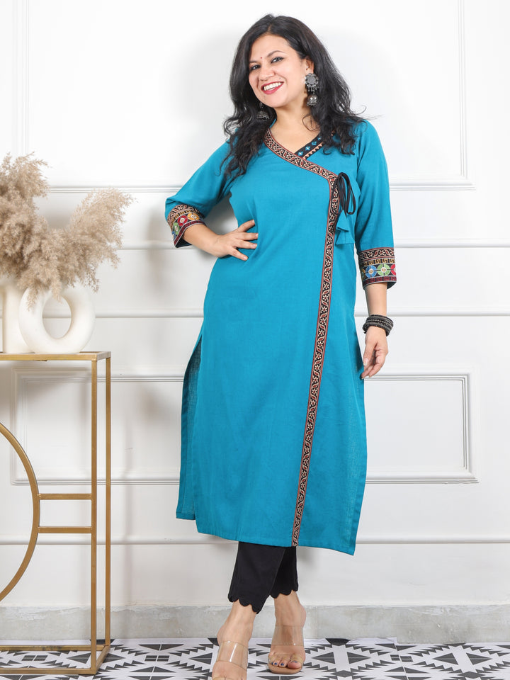 Kashish Teal Blue Long Angrakha Style Neck Cotton Flex Kurti