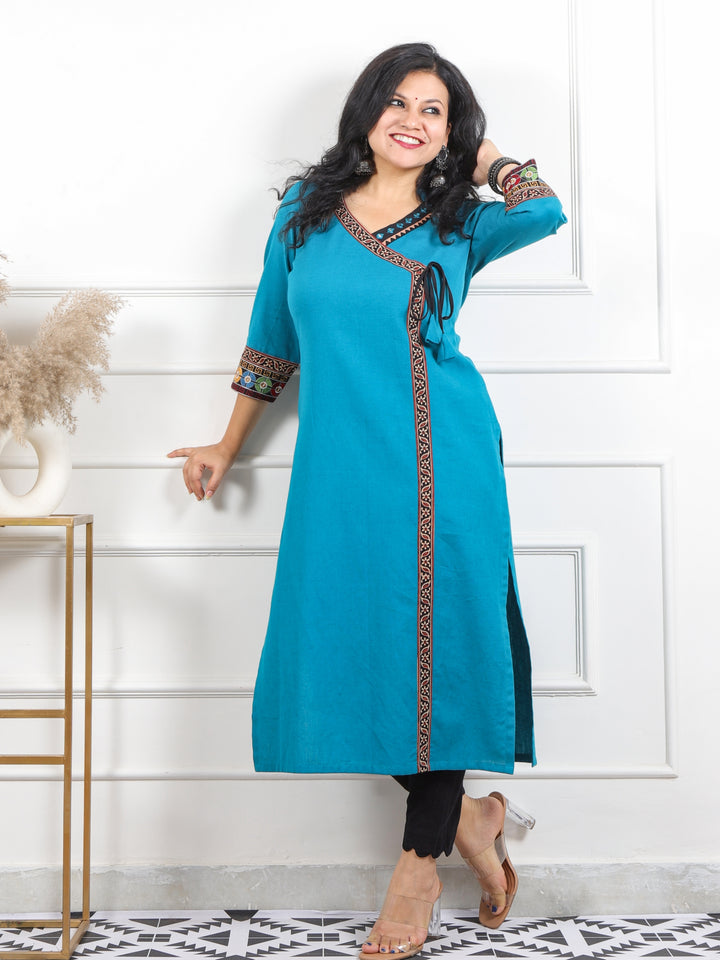 Kashish Teal Blue Long Angrakha Style Neck Cotton Flex Kurti