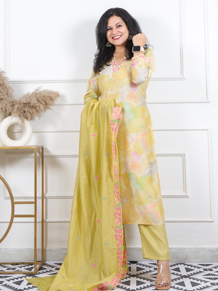 Kashish Butter Yellow V Neck Floral Thread Cut Work Muslin 3 Piece Set