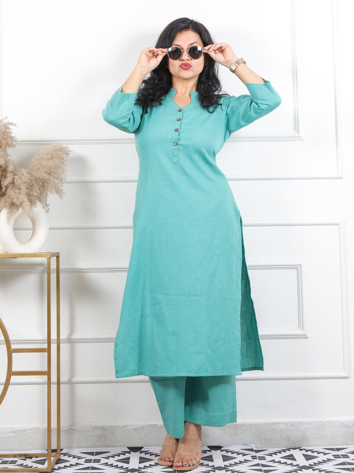 Ibaab Ocean Sky Collar with Button Work Cotton Flex Co-ord Set