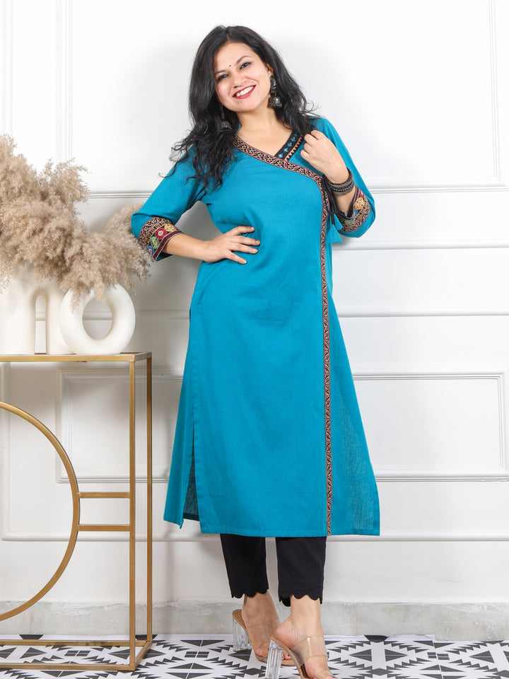 Kashish Teal Blue Long Angrakha Style Neck Cotton Flex Kurti