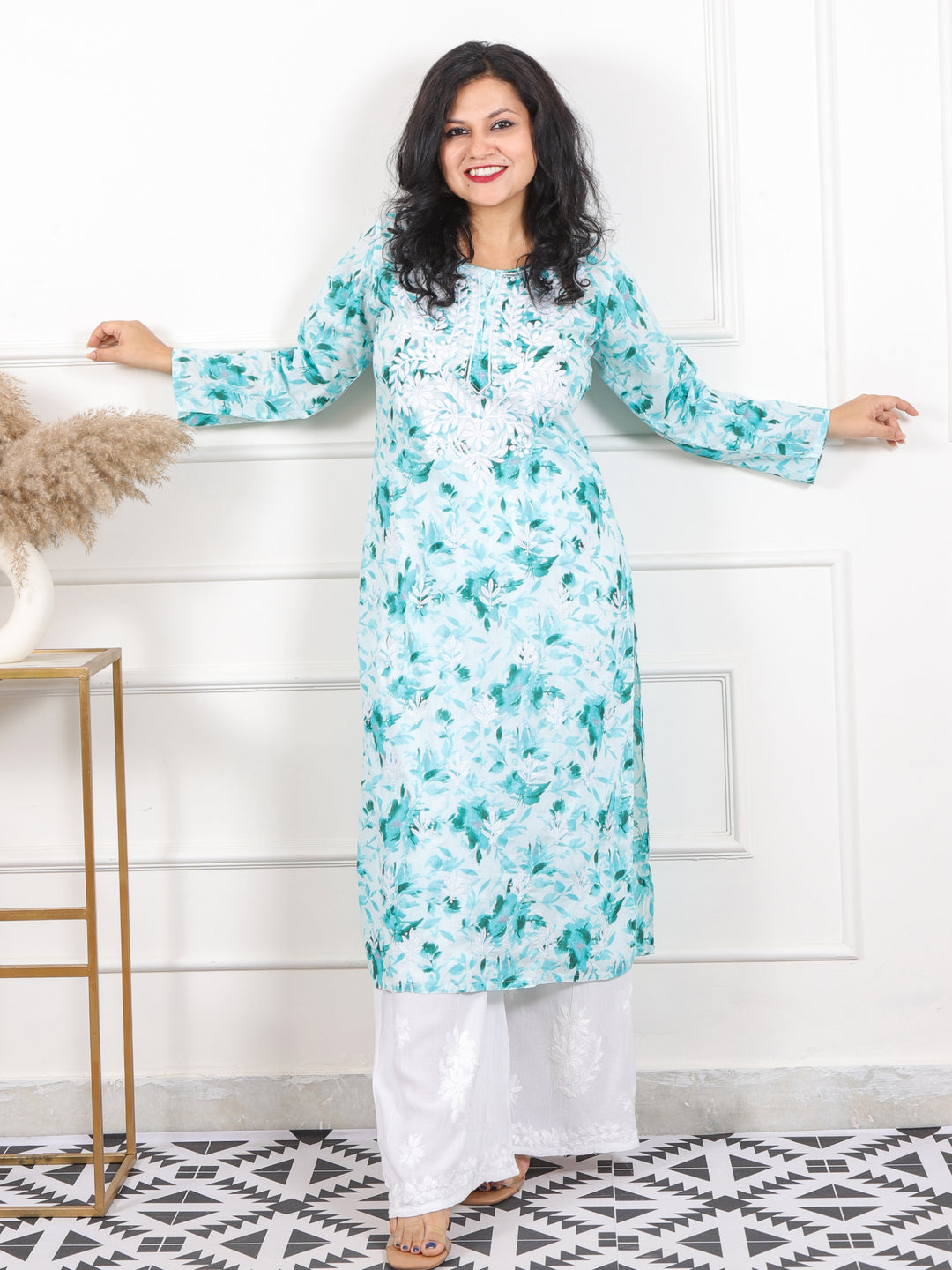 Noorani Ocean Green Floral Printed Inspired Chikankari Work Cotton Kurti