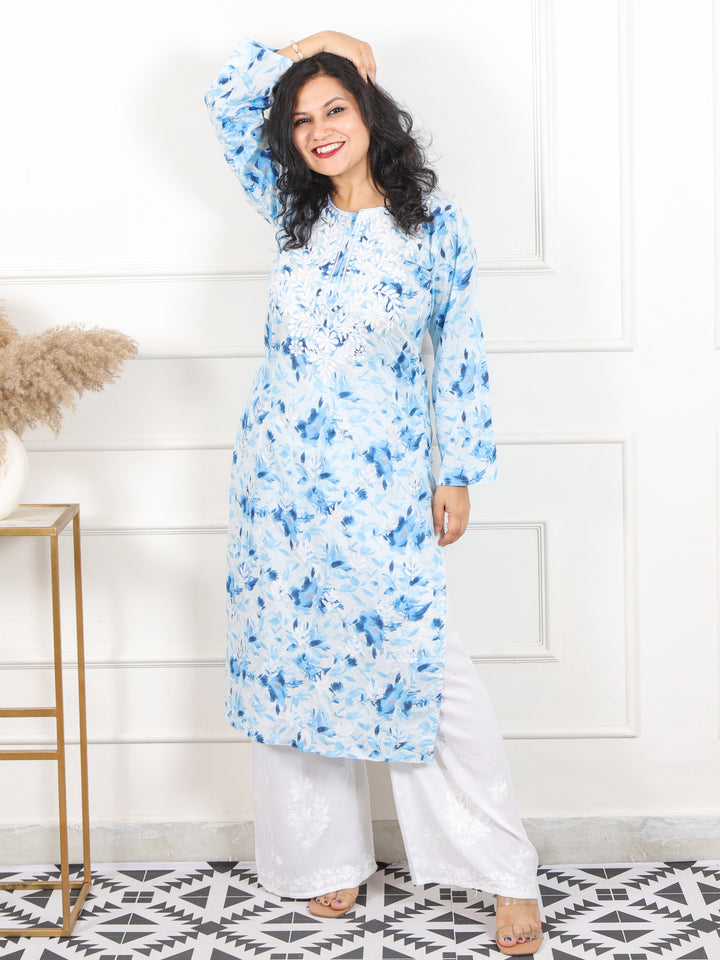 Noorani Royal Blue Floral Printed Inspired Chikankari Work Cotton Kurti