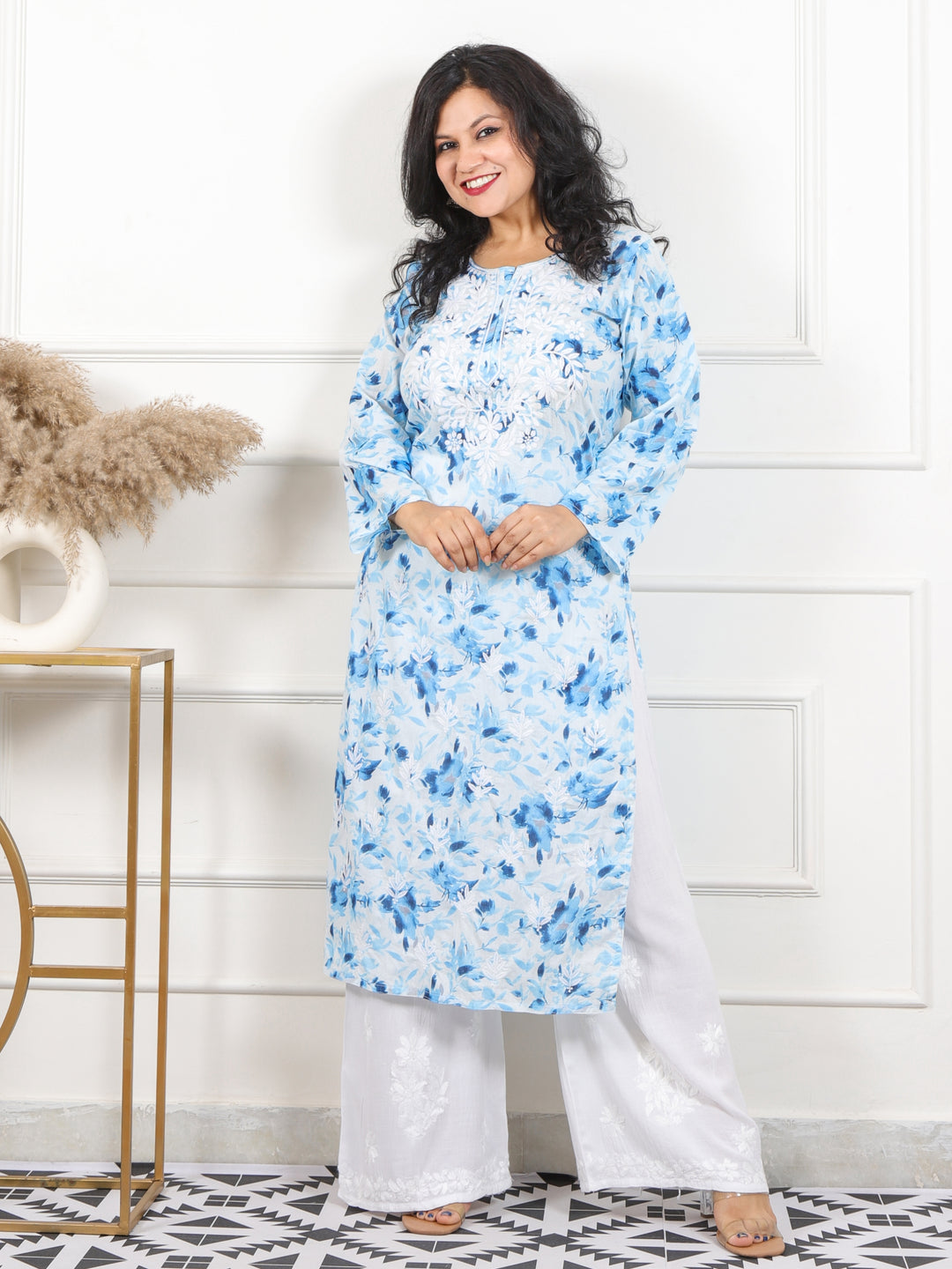 Noorani Royal Blue Floral Printed Inspired Chikankari Work Cotton Kurti