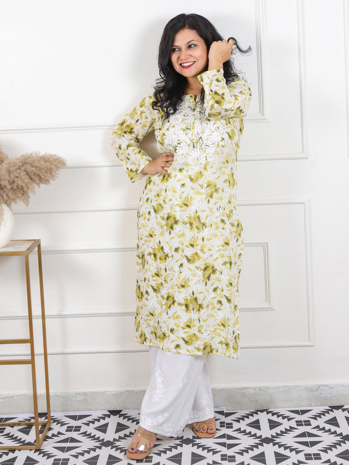 Noorani Mint Yellow Floral Printed Inspired Chikankari Work Cotton Kurti