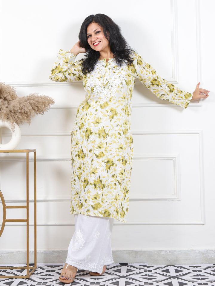 Noorani Mint Yellow Floral Printed Inspired Chikankari Work Cotton Kurti