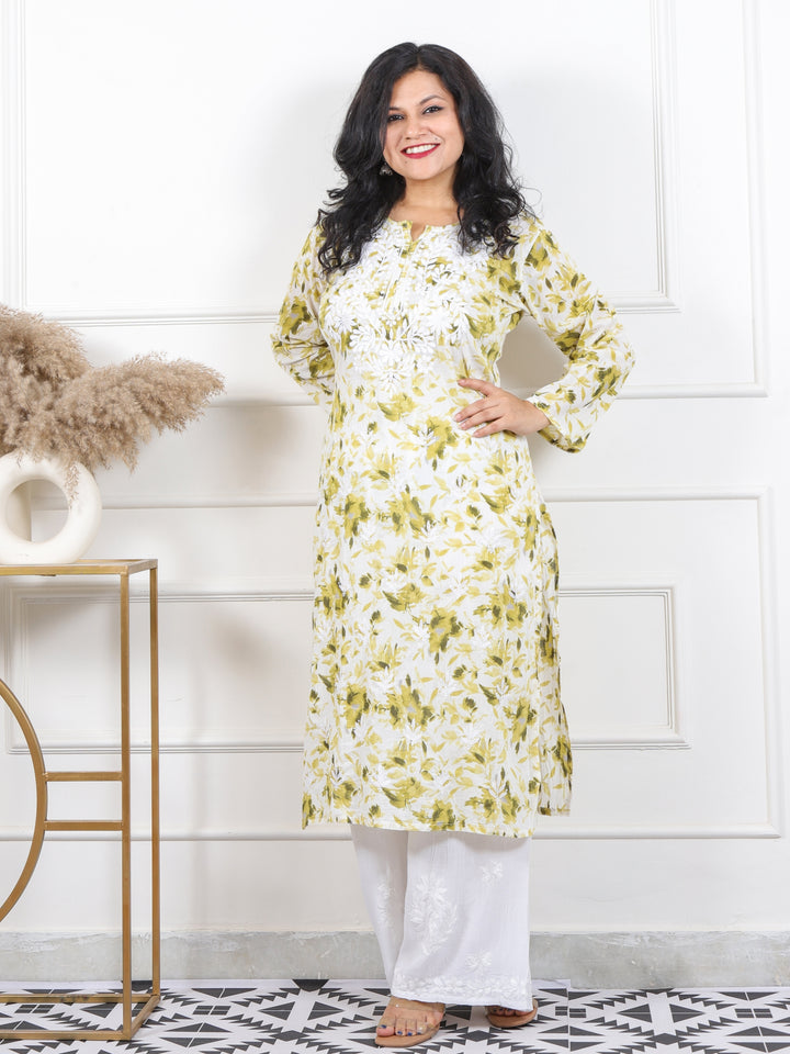 Noorani Mint Yellow Floral Printed Inspired Chikankari Work Cotton Kurti