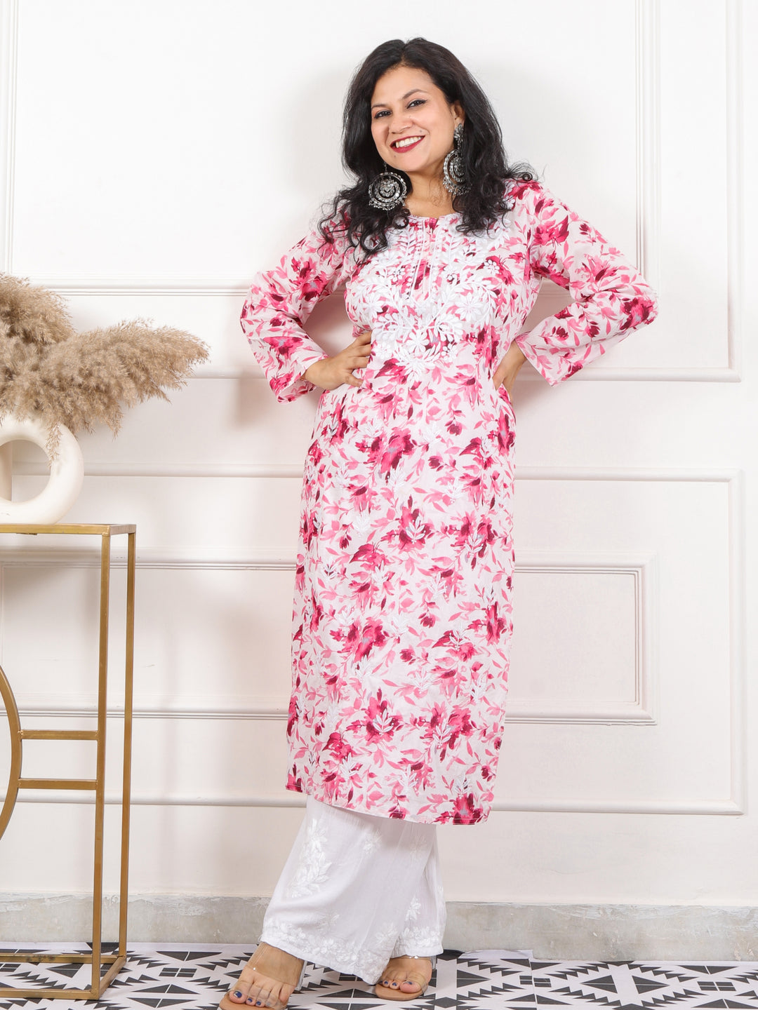 Noorani Flamingo Pink Floral Printed Inspired Chikankari Work Cotton Kurti