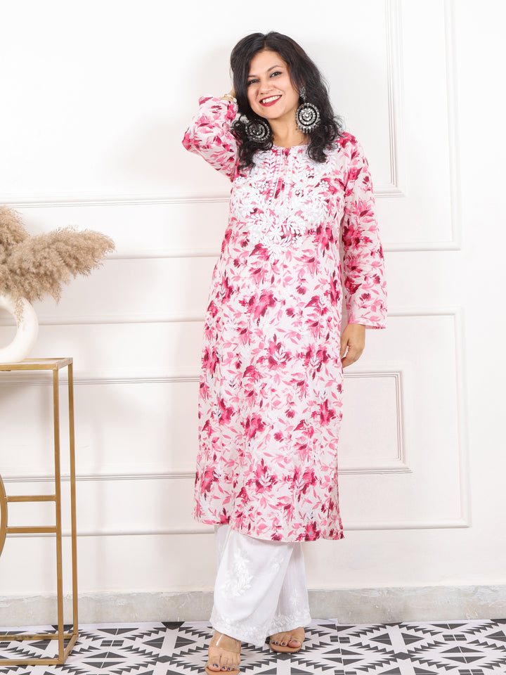 Noorani Flamingo Pink Floral Printed Inspired Chikankari Work Cotton Kurti