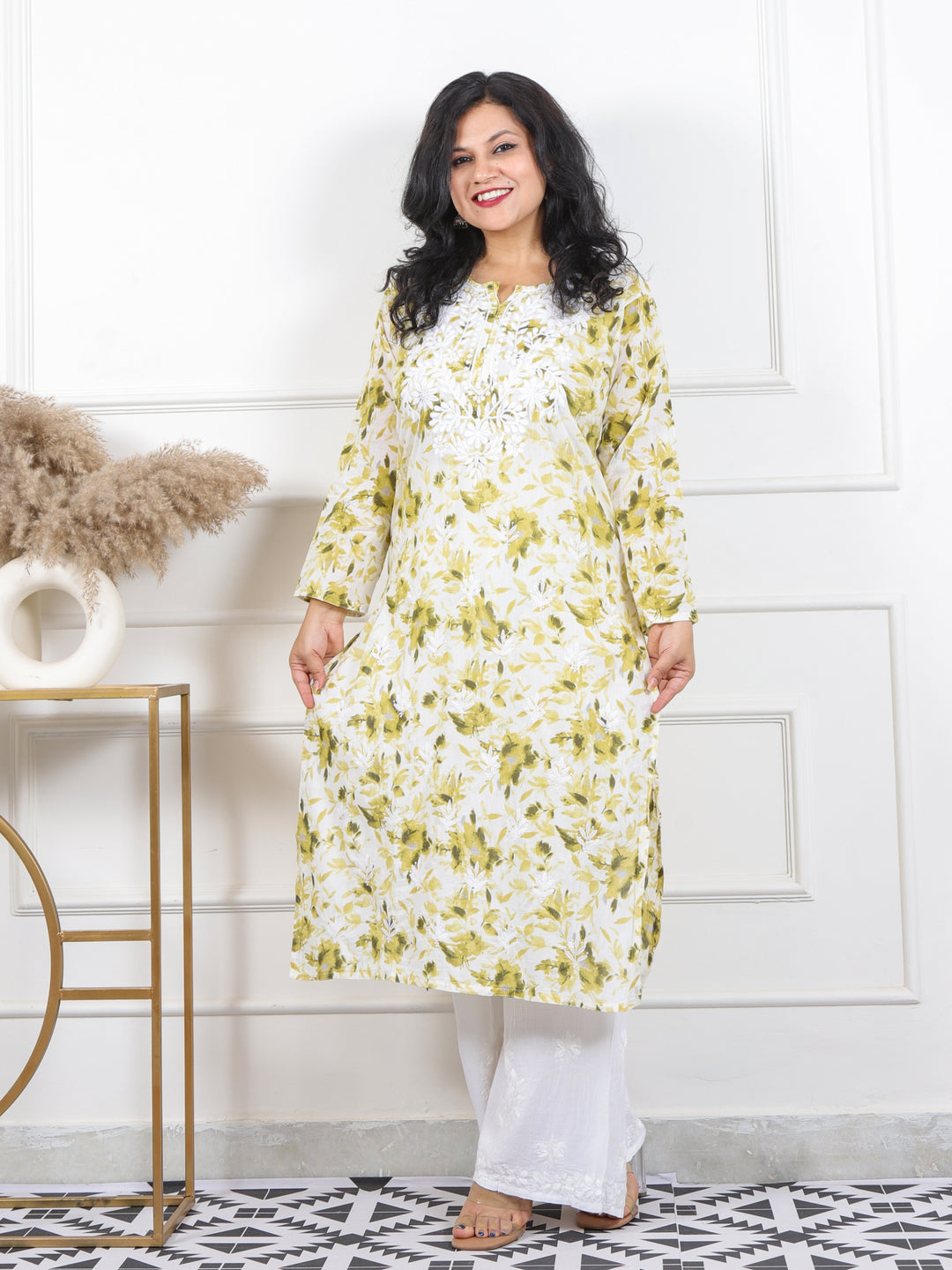 Noorani Mint Yellow Floral Printed Inspired Chikankari Work Cotton Kurti