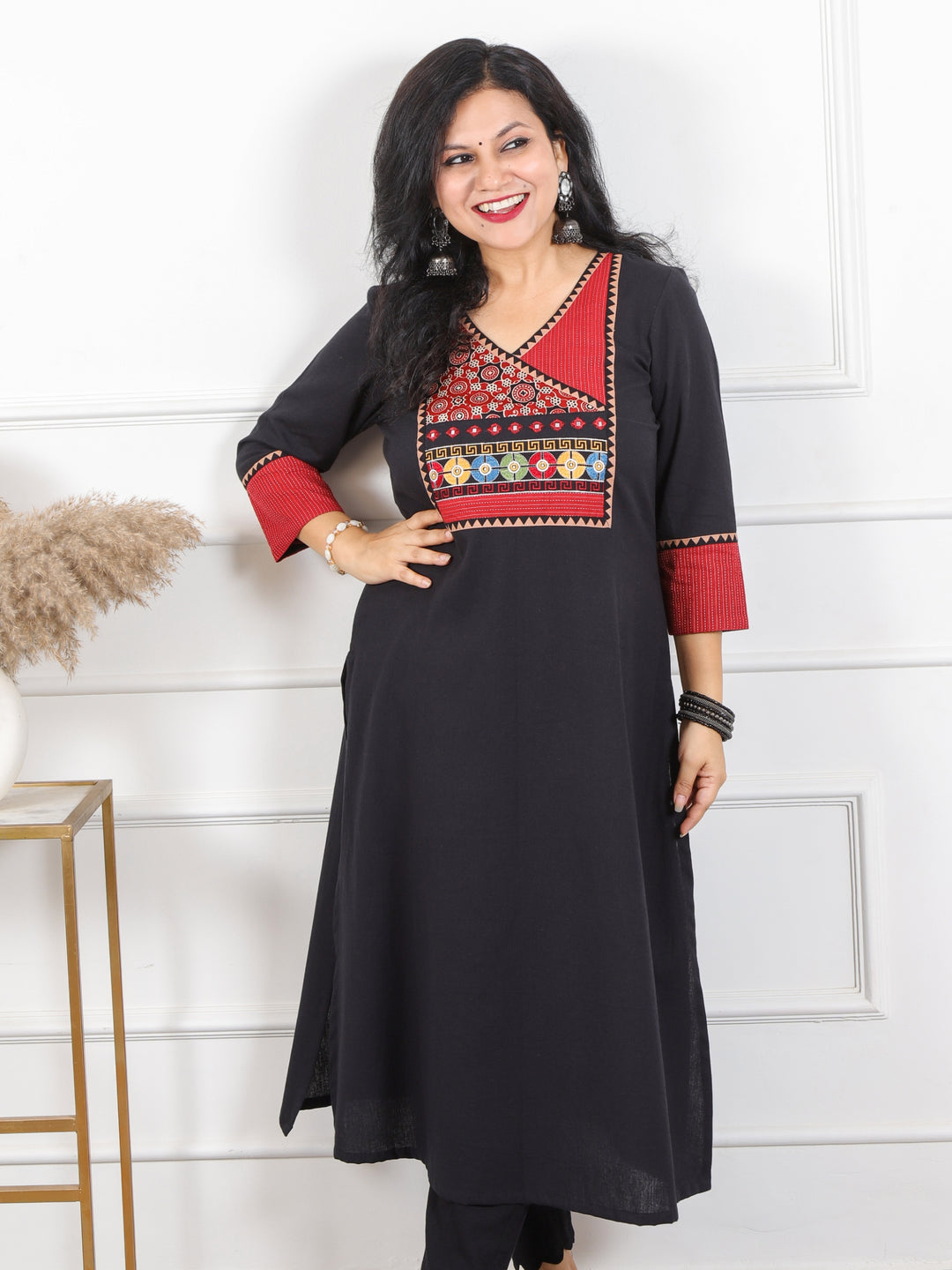 Rooh Black Angrakha Neck in Mashru Yock Patch Cotton Flex Kurti-D4