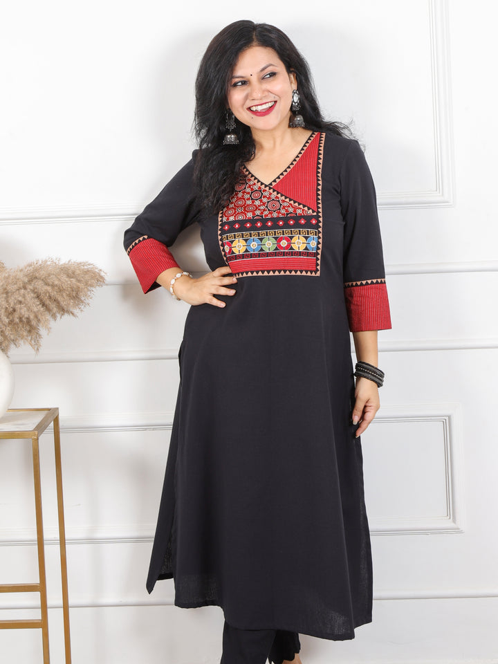 Rooh Black Angrakha Neck in Mashru Yock Patch Cotton Flex Kurti-D4
