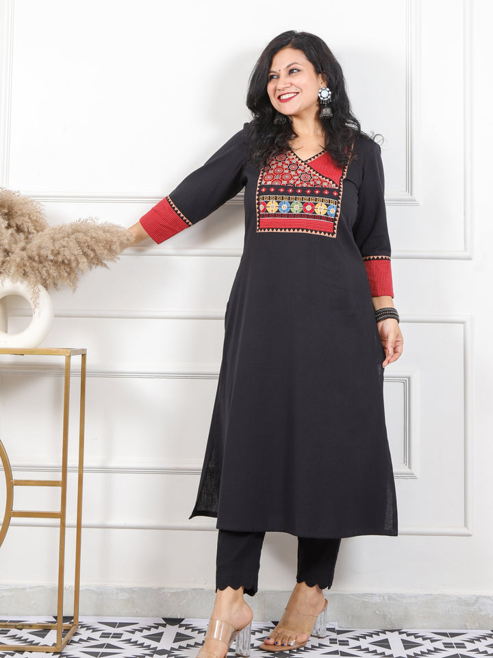 Rooh Black Angrakha Neck in Mashru Yock Patch Cotton Flex Kurti-D4