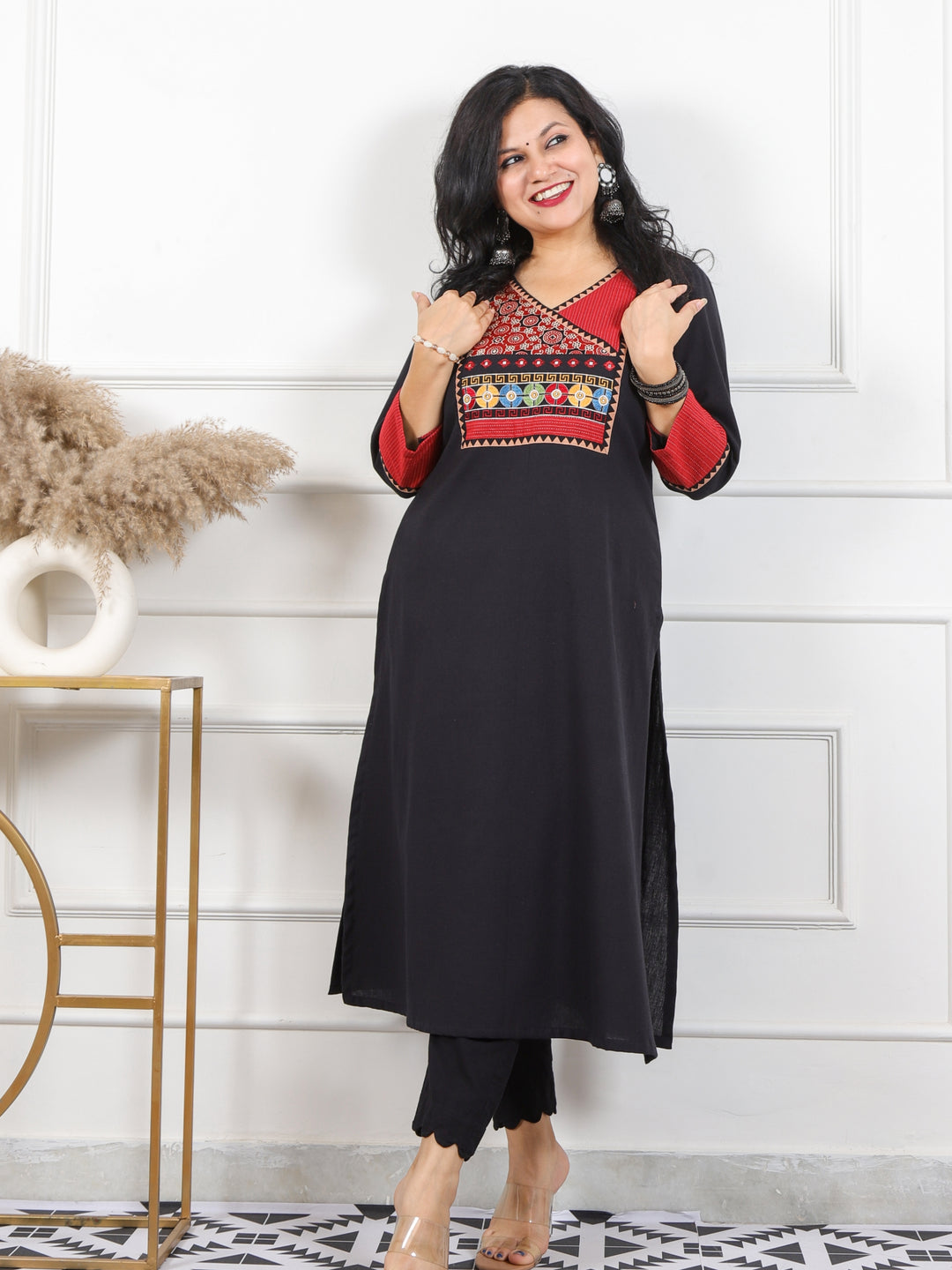 Rooh Black Angrakha Neck in Mashru Yock Patch Cotton Flex Kurti-D4
