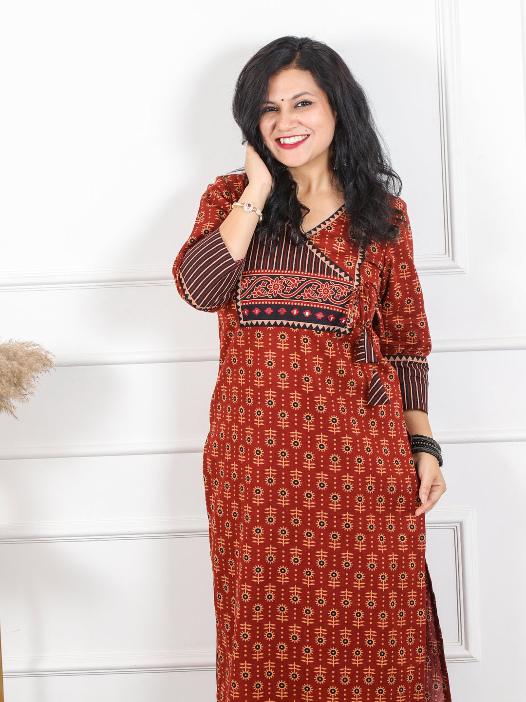 Rooh Ruby Red Angrakha Neck Yock with Printed Cotton Kurti