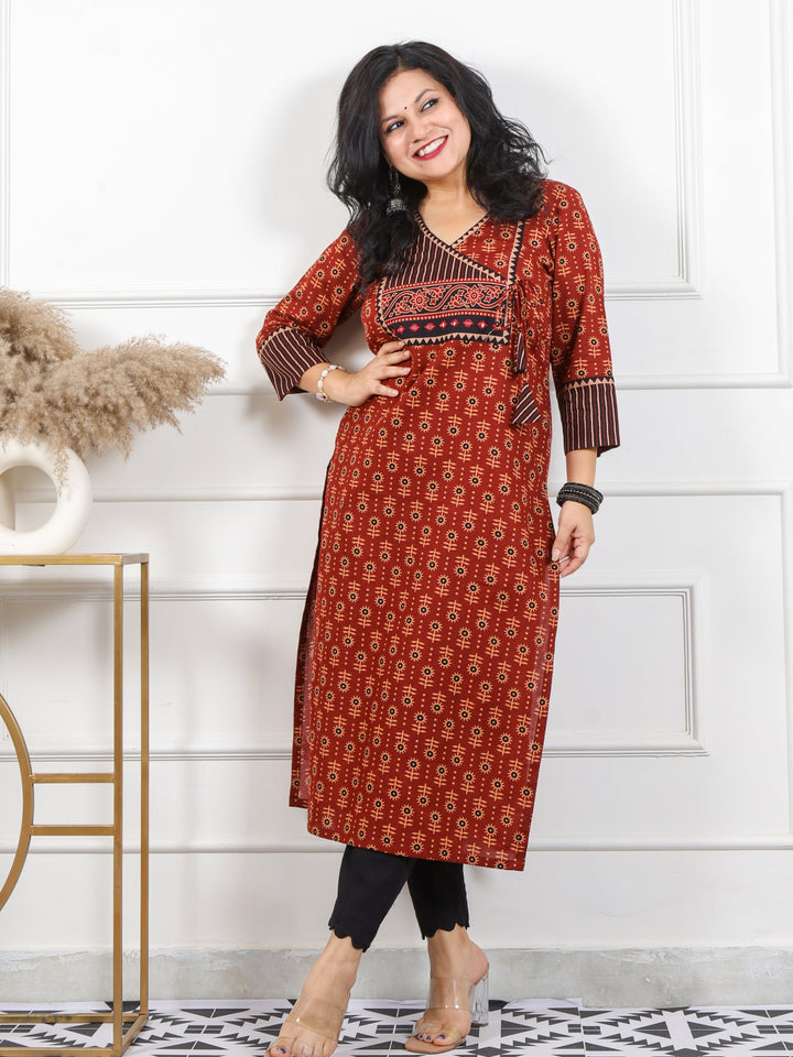 Rooh Ruby Red Angrakha Neck Yock with Printed Cotton Kurti