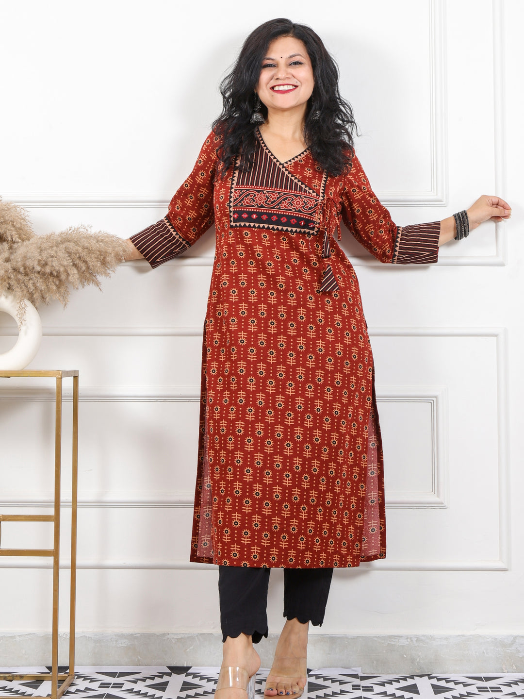 Rooh Ruby Red Angrakha Neck Yock with Printed Cotton Kurti