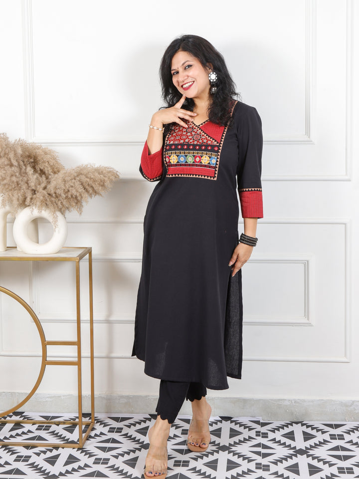 Rooh Black Angrakha Neck in Mashru Yock Patch Cotton Flex Kurti-D4