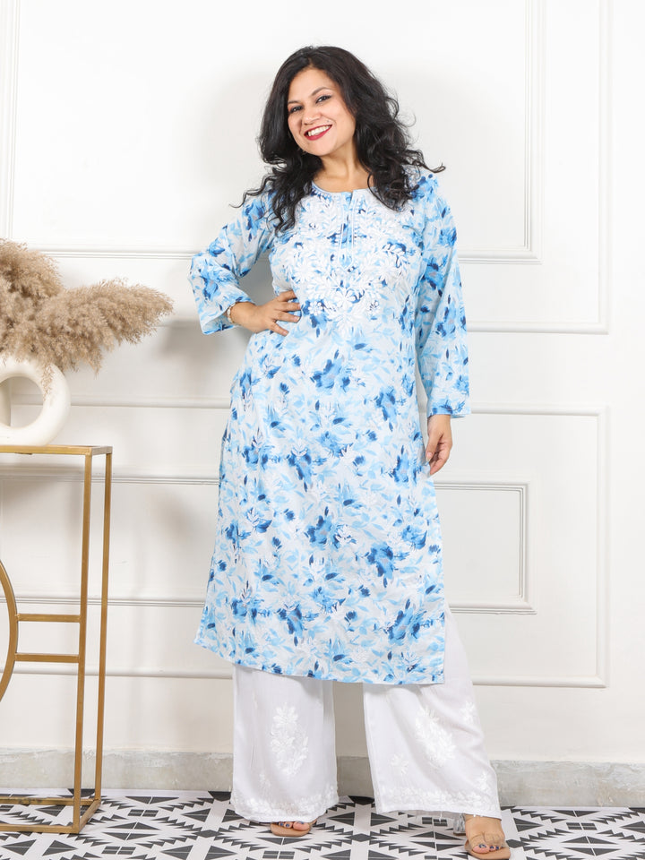 Noorani Royal Blue Floral Printed Inspired Chikankari Work Cotton Kurti