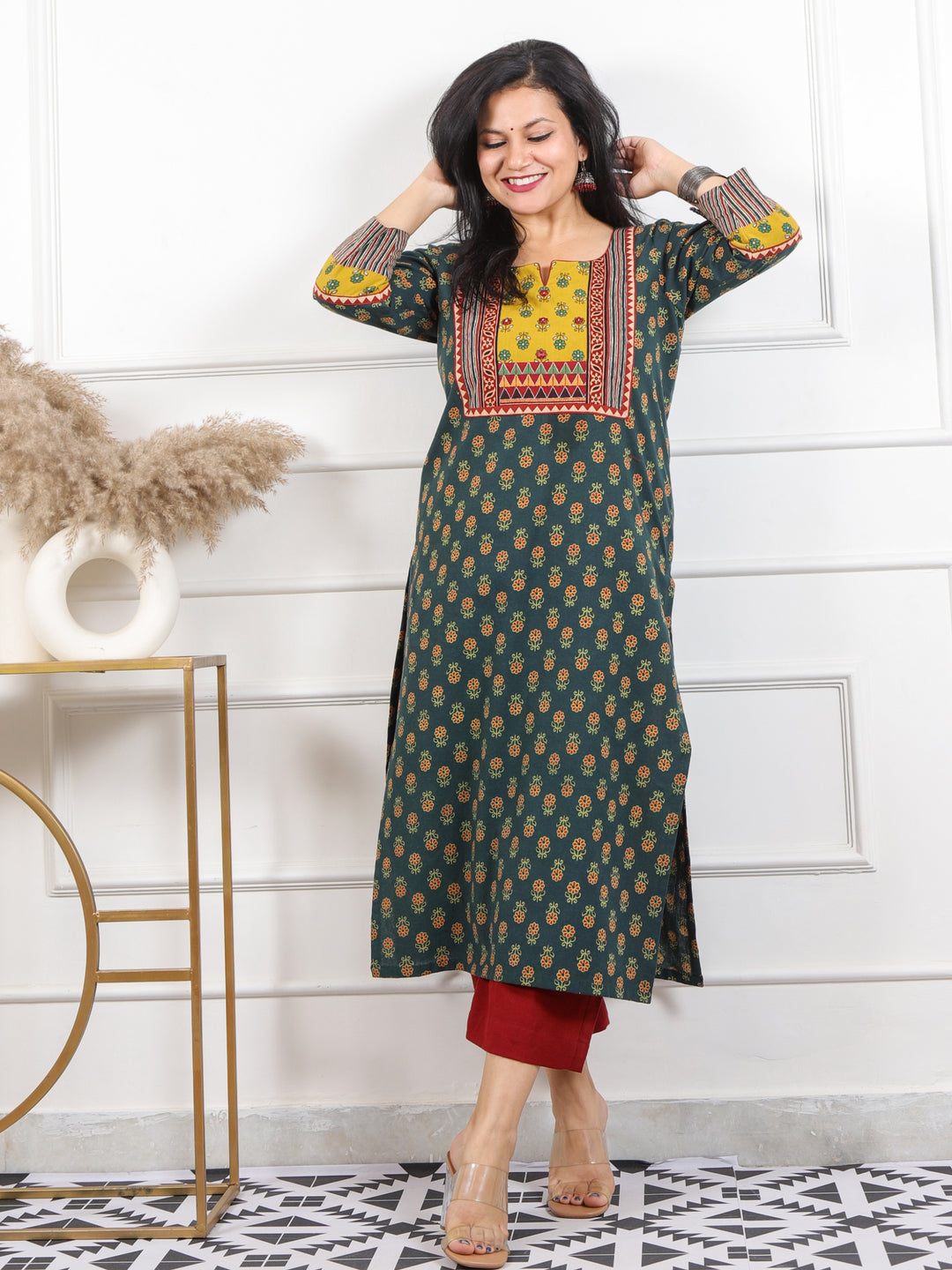 Rooh Grass Green Mirror in Printed Ajrak Patch Cotton Kurti-D2