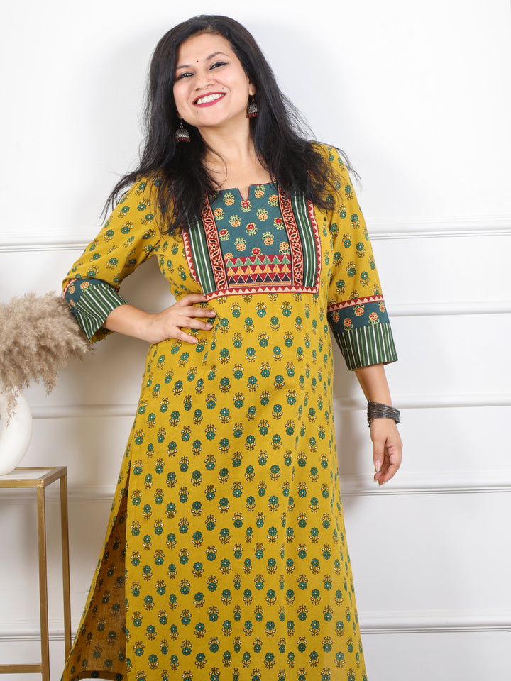 Rooh Cyber Yellow Mirror in Printed Ajrak Patch Cotton Kurti-D2