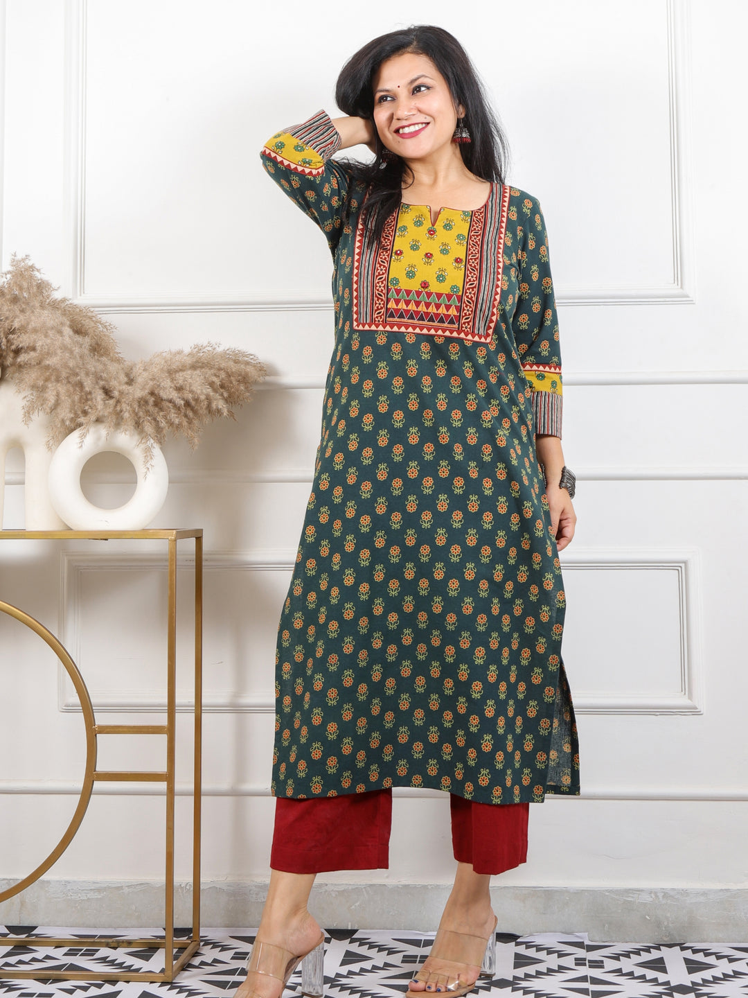 Rooh Grass Green Mirror in Printed Ajrak Patch Cotton Kurti-D2