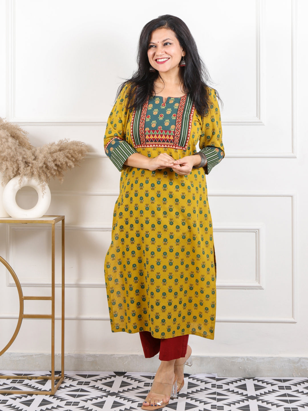 Rooh Cyber Yellow Mirror in Printed Ajrak Patch Cotton Kurti-D2