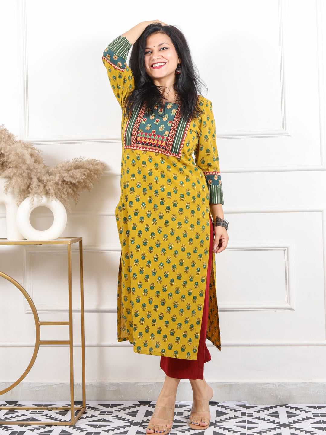 Rooh Cyber Yellow Mirror in Printed Ajrak Patch Cotton Kurti-D2