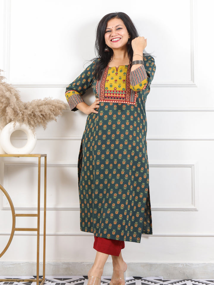 Rooh Grass Green Mirror in Printed Ajrak Patch Cotton Kurti-D2