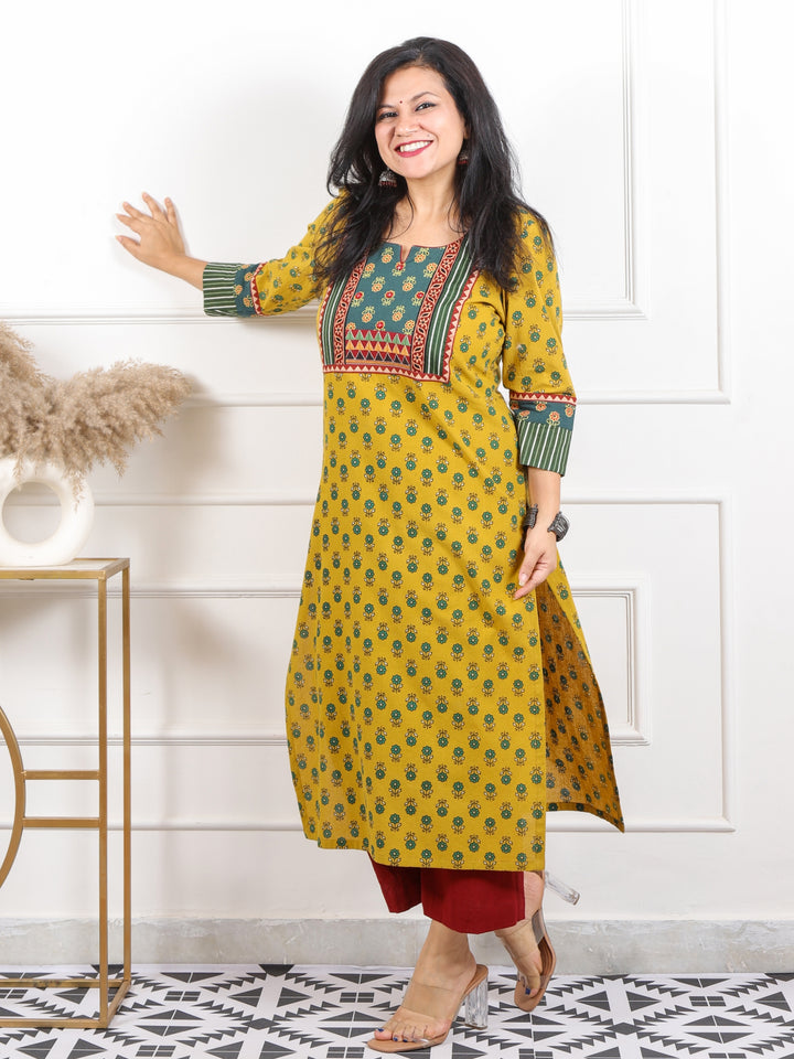 Rooh Cyber Yellow Mirror in Printed Ajrak Patch Cotton Kurti-D2