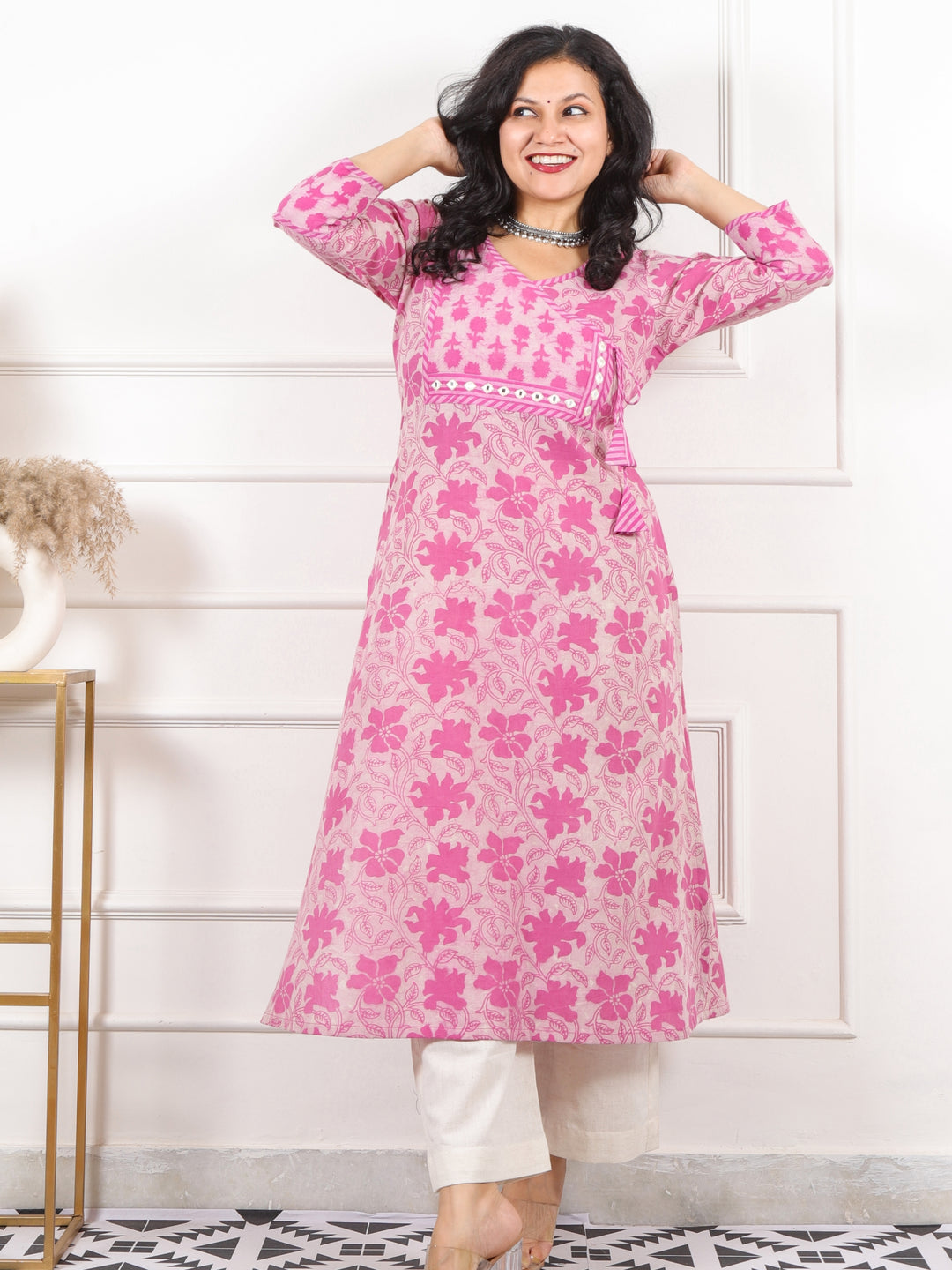 Roop Fuscia Pink Angrakha Neck in Dabu Printed Cotton Kurti
