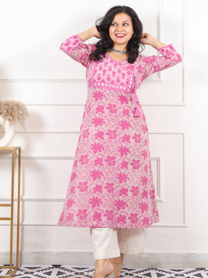 Roop Fuscia Pink Angrakha Neck in Dabu Printed Cotton Kurti