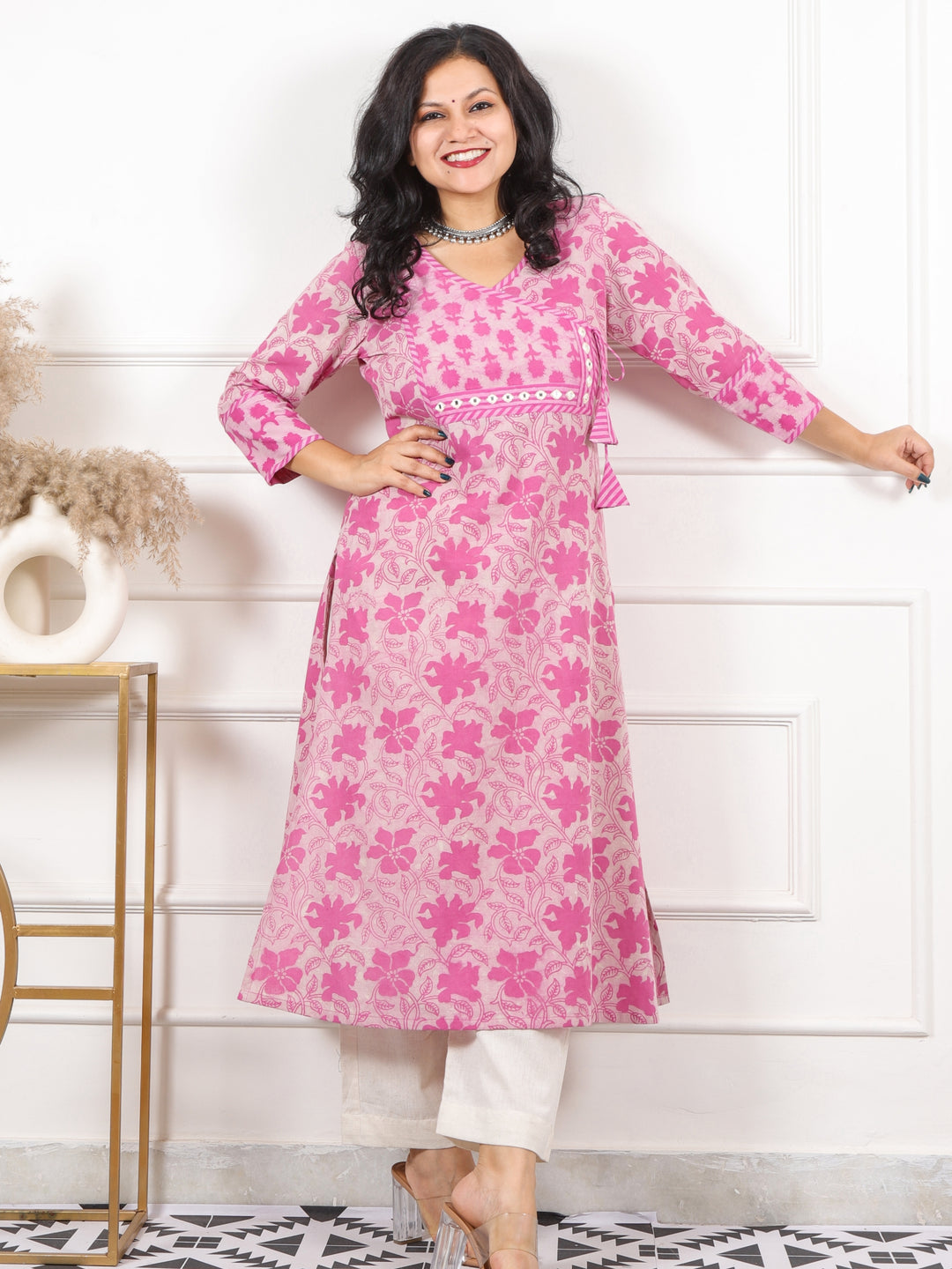 Roop Fuscia Pink Angrakha Neck in Dabu Printed Cotton Kurti