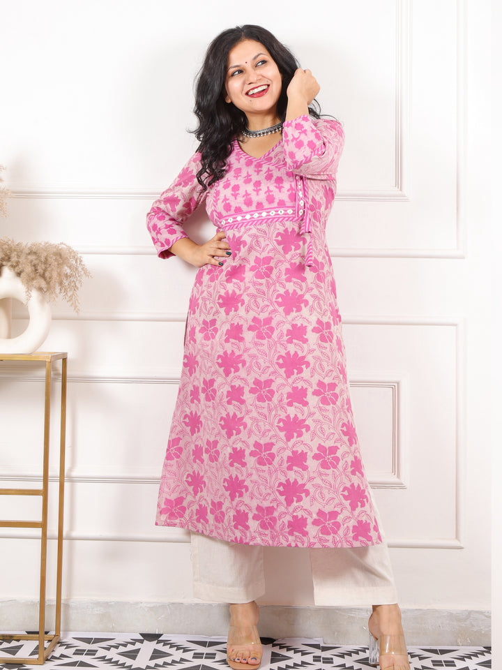 Roop Fuscia Pink Angrakha Neck in Dabu Printed Cotton Kurti