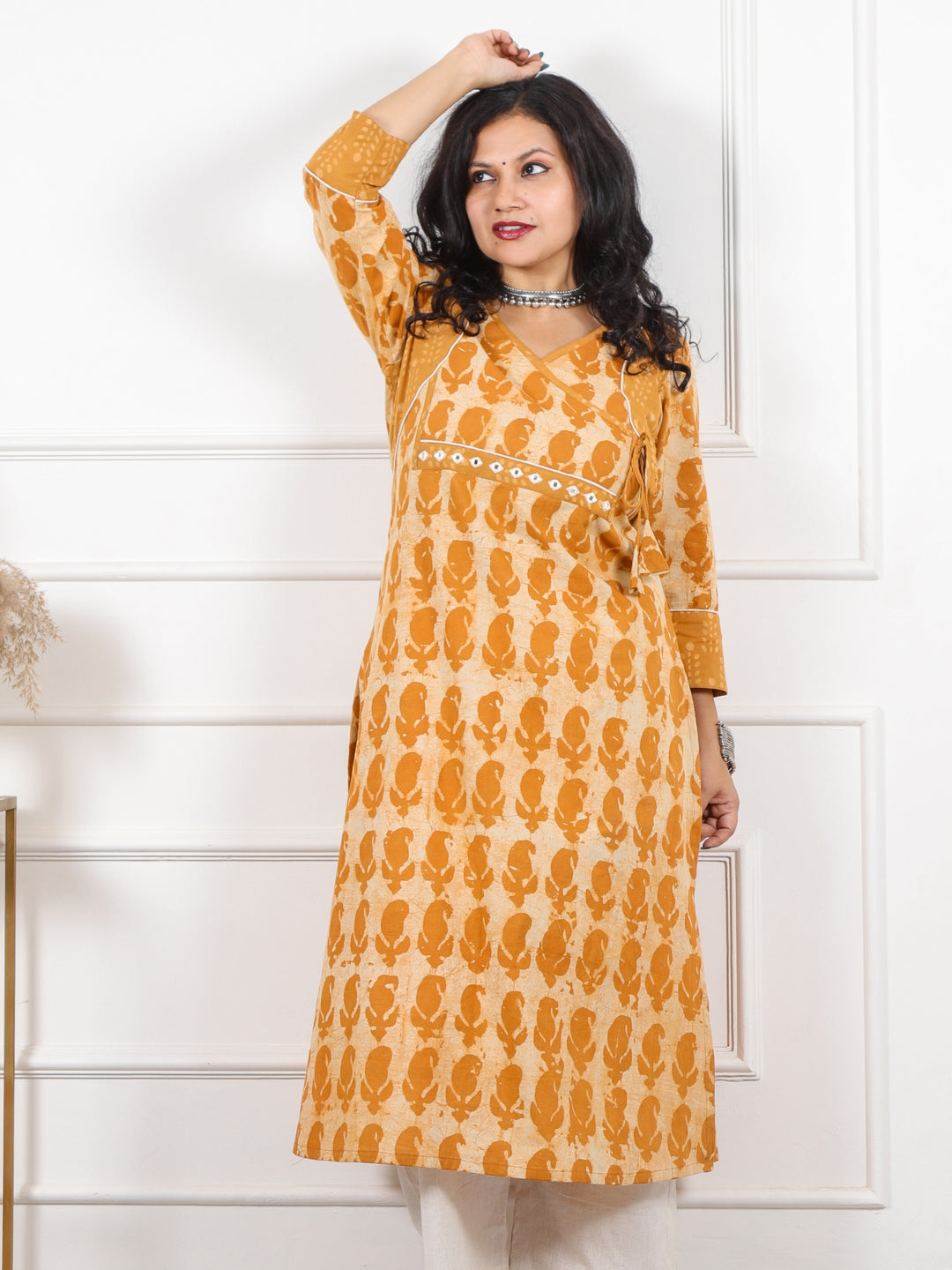 Roop Mustard Yellow Angrakha Neck in Dabu Printed Cotton Kurti