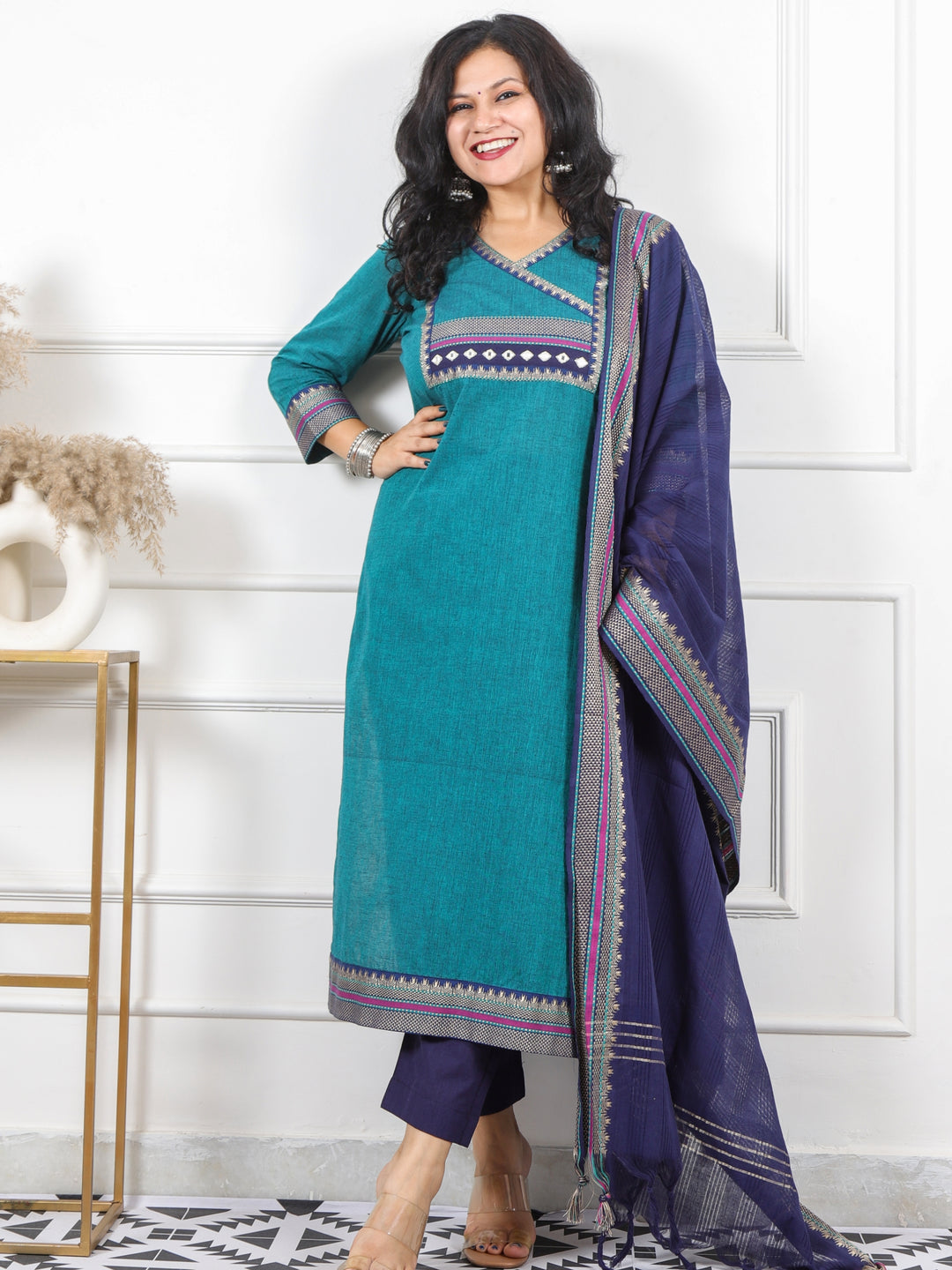 Roop Jade Green Angrakha Neck In Mangalgiri Hem South Cotton 3 Piece Set