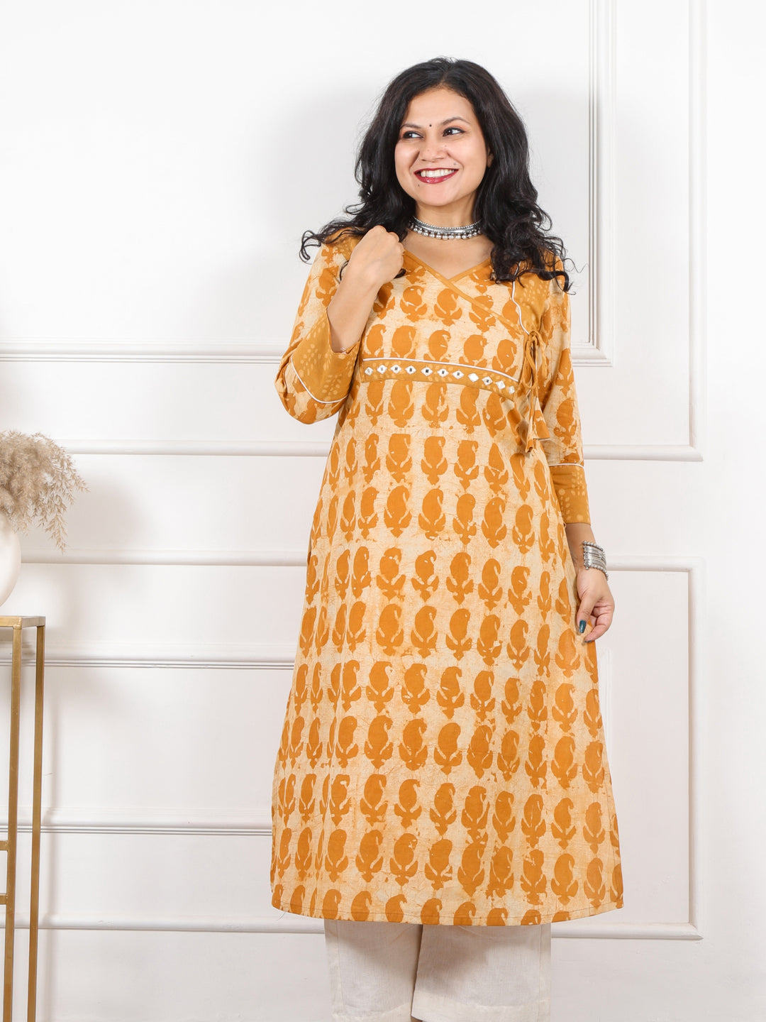Roop Mustard Yellow Angrakha Neck in Dabu Printed Cotton Kurti