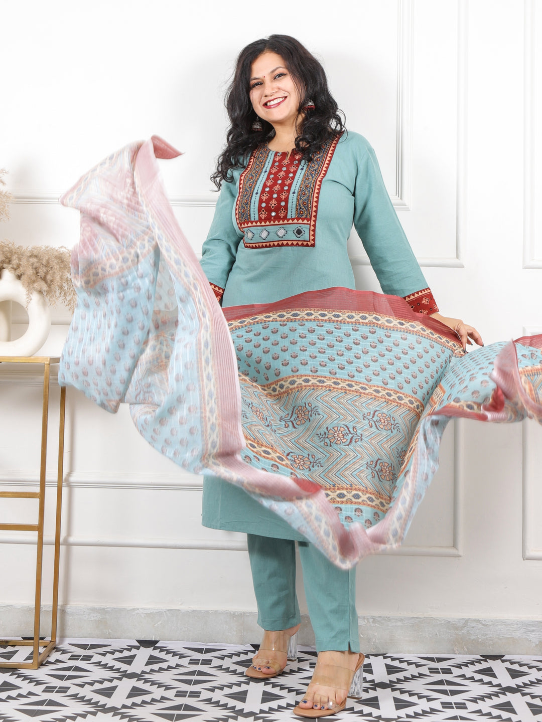 Roop Sage Green Kutch Neck with Mirror Work Cotton 3 Piece Set