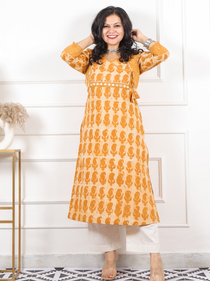 Roop Mustard Yellow Angrakha Neck in Dabu Printed Cotton Kurti