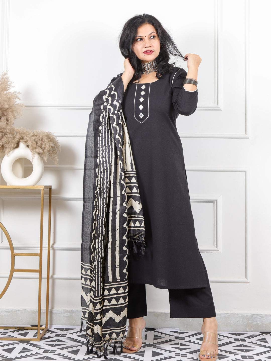 Roop Black with Mirror Neck Cotton Slub 3 Piece Set