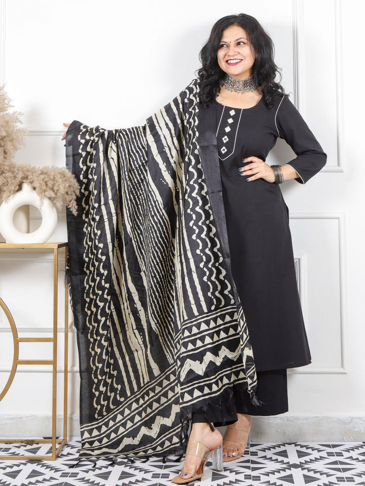 Roop Black with Mirror Neck Cotton Slub 3 Piece Set