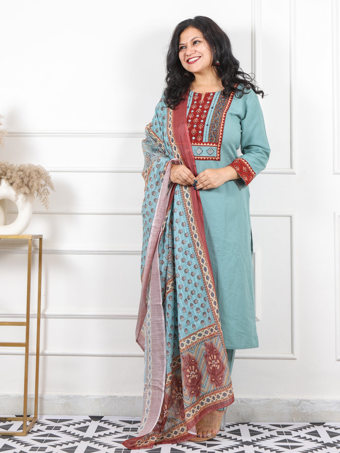 Roop Sage Green Kutch Neck with Mirror Work Cotton 3 Piece Set