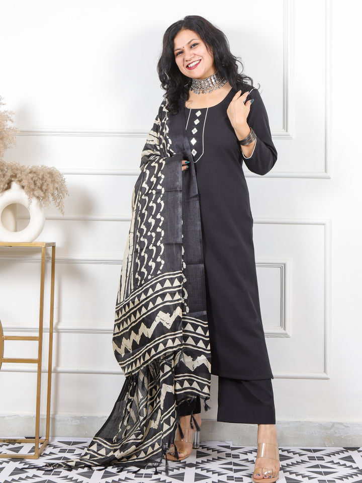 Roop Black with Mirror Neck Cotton Slub 3 Piece Set