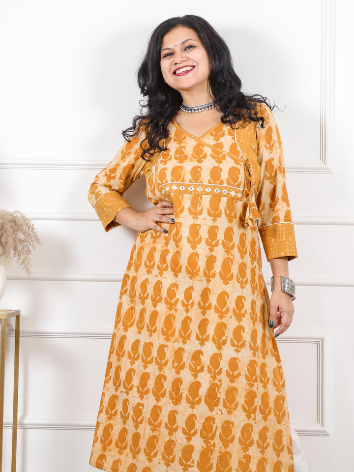 Roop Mustard Yellow Angrakha Neck in Dabu Printed Cotton Kurti